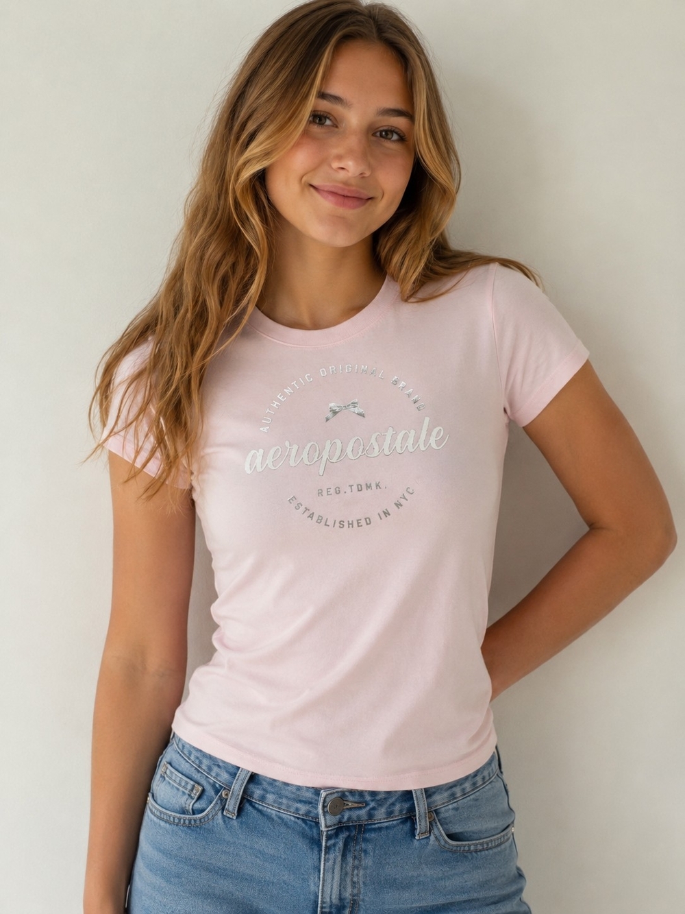 *NWT* Aeropostale Pale Pink Logo Slim Short Sleeve Tee - Picture 1 of 9